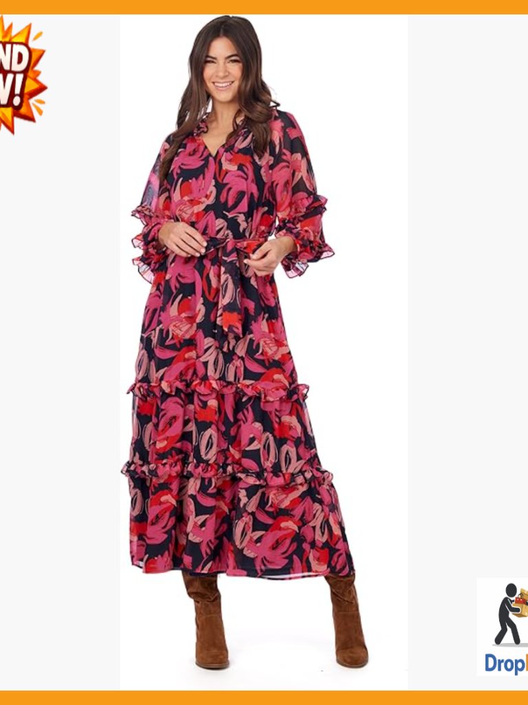 Poly Chiffon Maxi Dress V-Neck Ruffle Sleeves Romantic Boho Chic Elegant